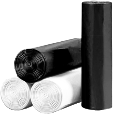 Rolls of black and white plastic bin liners