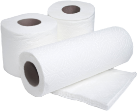 Assortment of white tissue paper products including toilet rolls and paper towels