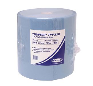 TRUPREP 3 Ply Industrial Perforated Blue Roll 36cm x 37cm x 370M 1000 Wipes / Roll